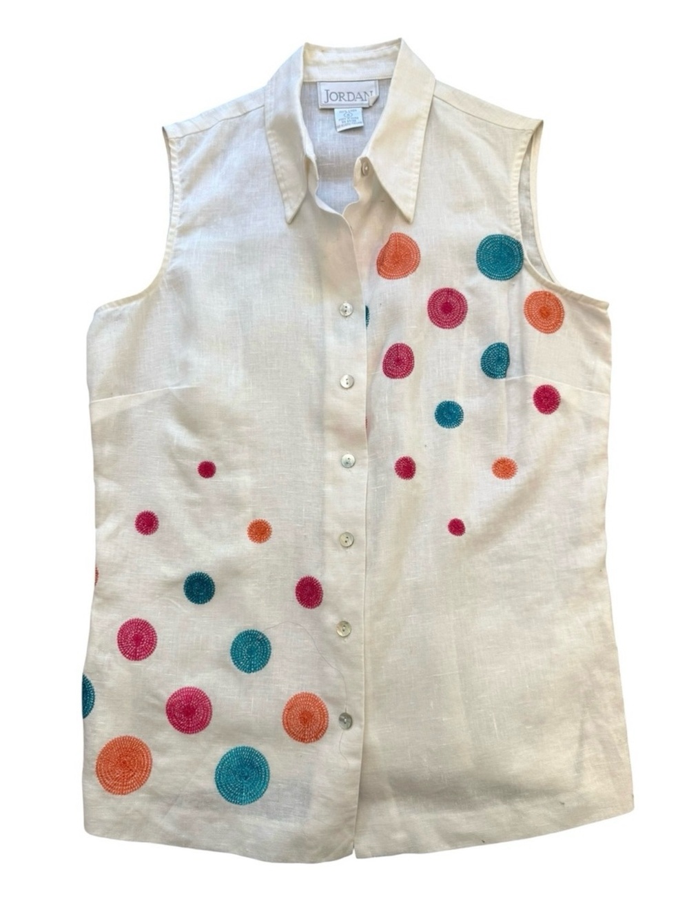 VTG Jordan 100% Linen Sleeveless Embroidered Dot Button Up Top White Small